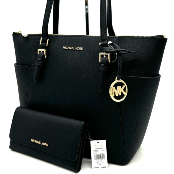 Michael Kors Large Charlotte TZ Tote Bag & Large Trifold Wallet Black/Gold - Picture 2 of 14